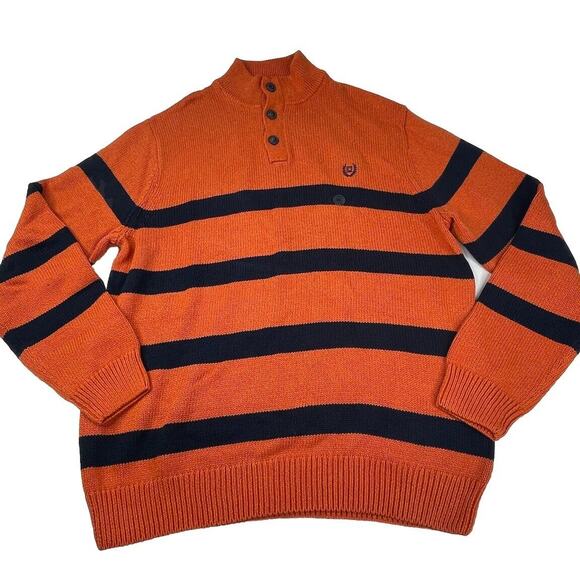 NWT Chaps Men's Cotton 1/4 Button Up Striped Sweater Size Large Orange Navy Blue